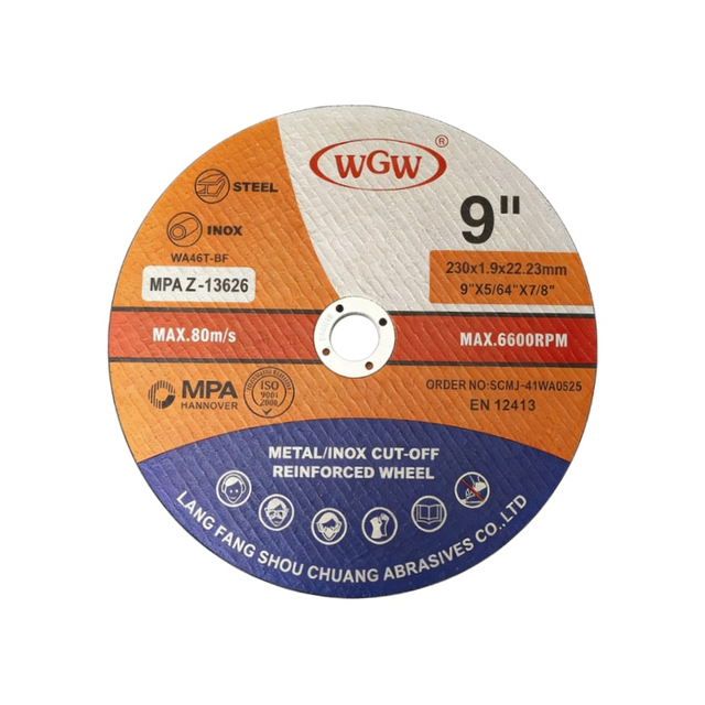 WGW T41 230 × 1,9 × 22,23 mm Disque de coupe en oxyde d'aluminium Roue abrasive de haute dureté de 9 pouces pour meuleuse d'angle métallique en acier inoxydable Certifié ISO9001 MPA Longue durée de vie de 80 m/s 