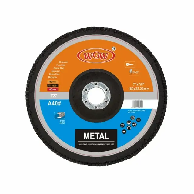 WGW T27 7 pouces 180 × 22 mm disque à lamelles en oxyde d'aluminium roue abrasive haute dureté pour meuleuse d'angle métallique en acier inoxydable certifié ISO9001 MPA 